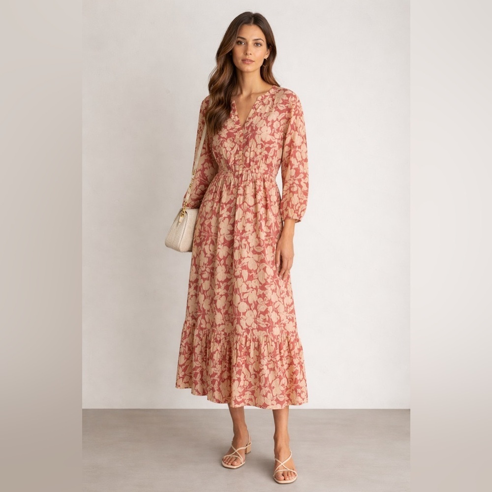 Cotton Floral Tiered Maxi Dress Boho Modest Travel Earthy Beige Feminine Size S - Picture 2 of 9